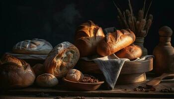 uma rústico cesta do fresco cozido pão, uma francês gourmet refeição gerado de ai foto