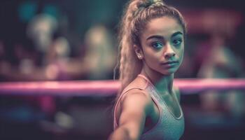 confiante jovem atleta dentro Esportes roupas sorridente às Academia noite gerado de ai foto