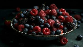 maduro baga fruta tigela, uma gourmet verão sobremesa para saudável comendo gerado de ai foto