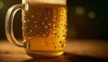 espumoso Cerveja dentro ouro cerveja vidro em de madeira bar mesa gerado de ai foto