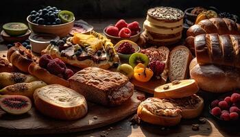 uma rústico prato do gourmet pão, fruta, e indulgência gerado de ai foto