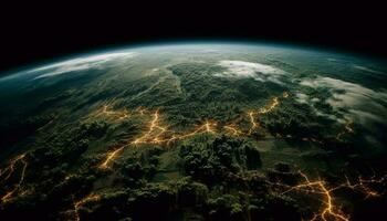 brilhando leitoso caminho ilumina Sombrio céu, órbita satélite observa terra gerado de ai foto