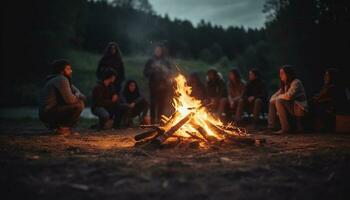 homens e mulheres sentado de fogueira, desfrutando natureza natural fenômeno gerado de ai foto