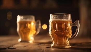 uma espumoso ouro cerveja do fresco Cerveja em uma de madeira mesa gerado de ai foto