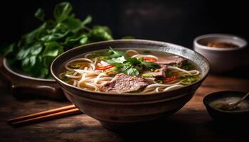 uma gourmet tigela do saudável macarrão sopa com fresco coentro gerado de ai foto