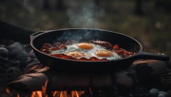 grelhado carne de porco e frito ovo em rústico fundida ferro fritar panela gerado de ai foto