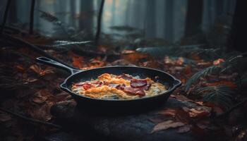 grelhado carne de porco fatia em fundida ferro frigideira, servido com legumes gerado de ai foto