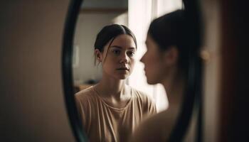 dois jovem mulheres sentado dentro de casa, olhando através janela, discutindo o negócio gerado de ai foto