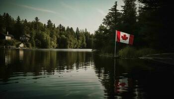 a majestoso canadense bandeira ondas sobre uma tranquilo floresta panorama gerado de ai foto