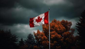 a majestoso canadense bandeira ondas orgulhosamente sobre a outono panorama gerado de ai foto