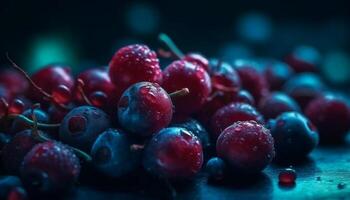 suculento baga gotas em fresco folhas, uma gourmet verão lanche gerado de ai foto