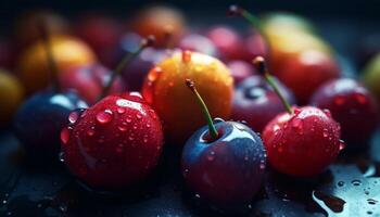 suculento baga frutas em uma molhado folha, refrescante verão lanche gerado de ai foto