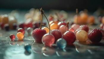 orgânico baga frutas em de madeira mesa, uma saudável verão lanche gerado de ai foto