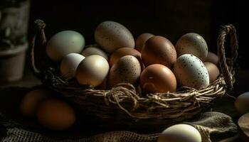 rústico cesta do orgânico ovos, uma símbolo do primavera celebração gerado de ai foto