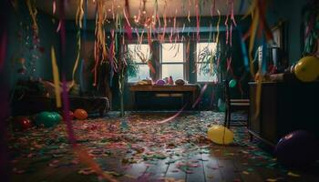 alegre aniversário festa com colorida decorações, confete, e balões gerado de ai foto