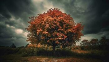 tranquilo outono floresta, vibrante folhas, dramático céu, retroiluminado silhueta gerado de ai foto