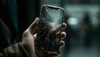quebrado inteligente telefone dentro mão, quebrado vidro, comunicação quebra gerado de ai foto