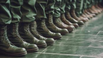 marcha dentro uniforme, exército homens dentro uma linha, esperando sucesso gerado de ai foto