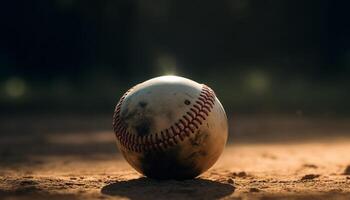 beisebol bastão exitos bola, acendendo chama dentro competitivo esporte crepúsculo gerado de ai foto