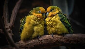 vibrante ouro e azul arara empoleirar-se em filial, olhando fofa gerado de ai foto