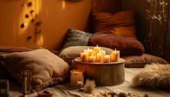 acolhedor quarto spa tratamento luz de velas relaxamento, elegante decoração, mimos toalha gerado de ai foto