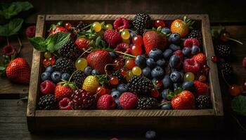 uma rústico tigela do suculento, multi colori baga fruta abundância gerado de ai foto