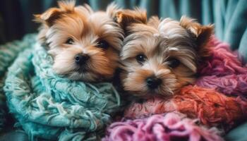 fofa yorkshire terrier cachorro sentado em colo, olhando às Câmera gerado de ai foto