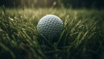 jogador de golfe tees fora em verde território, batendo bola com clube gerado de ai foto