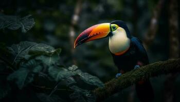 a vibrante arara poleiros em uma ramo dentro a floresta tropical gerado de ai foto