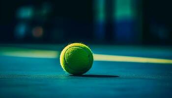 seletivo foco em tênis bola dentro movimento, uma vibrante concorrência gerado de ai foto