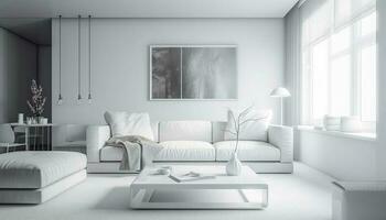 moderno apartamento Projeto com confortável sofá, elegante decoração e elétrico luminária gerado de ai foto