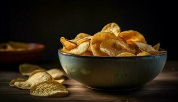 uma crocante, salgado lanche pilha do frito batata e tortilla salgadinhos gerado de ai foto