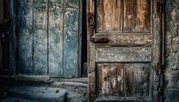 oxidado cadeado protege resistido de madeira porta em abandonado rústico celeiro gerado de ai foto