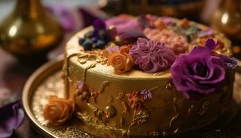 a ornamentado Casamento bolo estava uma gourmet indulgência do chocolate, bagas, e creme, decorado com fresco flores e folhas gerado de ai foto