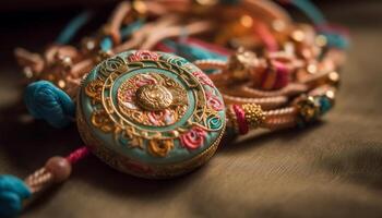 ornamentado hindu pulseira simboliza riqueza e espiritualidade dentro tradicional cerimônia gerado de ai foto