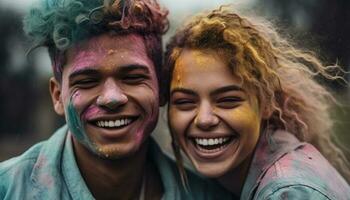 dois alegre jovem casais abraço dentro colorida verão celebração ao ar livre gerado de ai foto
