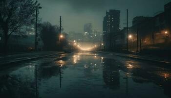 a cidade vida noturna ilumina a escuro, molhado ruas ao ar livre gerado de ai foto