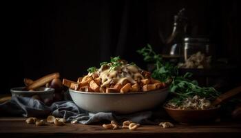 uma gourmet refeição do fresco carne e legumes em rústico louça gerado de ai foto