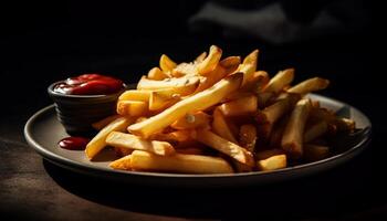 profundo frito francês fritas em uma gourmet placa, pouco saudável lanche gerado de ai foto