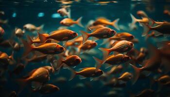 uma escola do peixe nada dentro a profundo azul recife gerado de ai foto