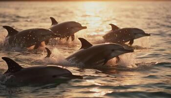 uma brincalhão grupo do golfinhos espirrando dentro a azul mar gerado de ai foto