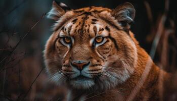 a majestoso Bengala tigre olhares fixos às a Câmera dentro tranquilidade gerado de ai foto