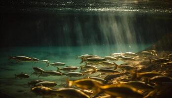 uma tranquilo cena do embaixo da agua beleza uma escola do peixe gerado de ai foto