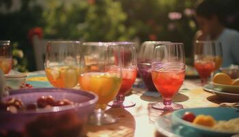 verão festa ao ar livre, bebendo vinho e coquetéis, desfrutando fresco fruta gerado de ai foto