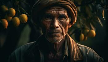 Senior agricultor colheita orgânico fruta e legumes dentro rural cena gerado de ai foto