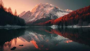 a majestoso montanha alcance reflete dentro tranquilo lagoa às pôr do sol gerado de ai foto