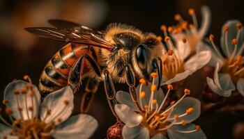 uma ocupado querida abelha poliniza uma solteiro flor dentro natureza gerado de ai foto