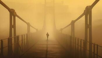 uma solitário figura anda em a passarela, desaparecimento para dentro natureza mistério gerado de ai foto