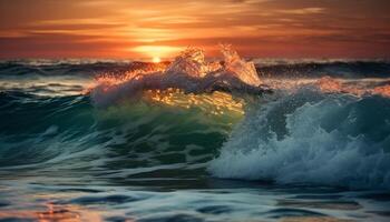 surfar às crepúsculo, ondas falhando, refletindo beleza dentro natureza panorama gerado de ai foto