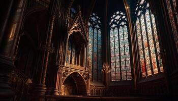 dentro a velho gótico basílica, manchado vidro ilumina a majestoso altar gerado de ai foto